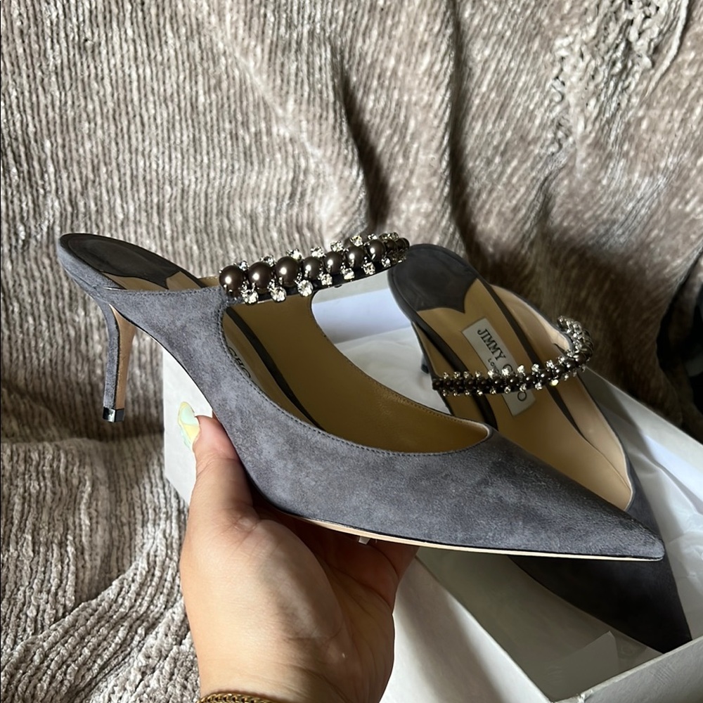 Jimmy Choo Bing 65 Dusk Grey Suede with Dark Pearl and Crystals